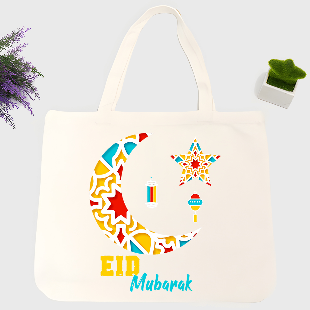 Women Bags For Eid - 女性用の三日月と星柄のキャンバストートバッグ、普段使いのショッピングやイードのお祝いに最適なカジュアルスタイル。