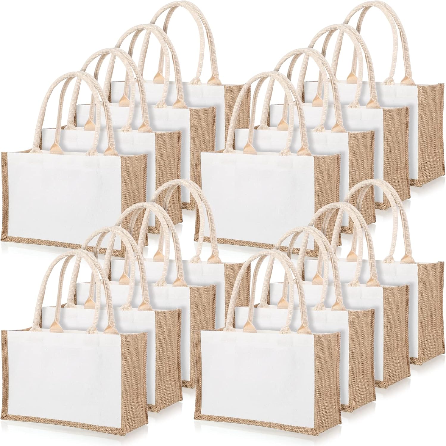 Women Bags For Eid - 16 パック黄麻布トートバッグジュートトートバッグハンドル付き再利用可能な空白のキャンバス食料品バッグ女性のためのブライドメイドウェディングギフト DIY Bea