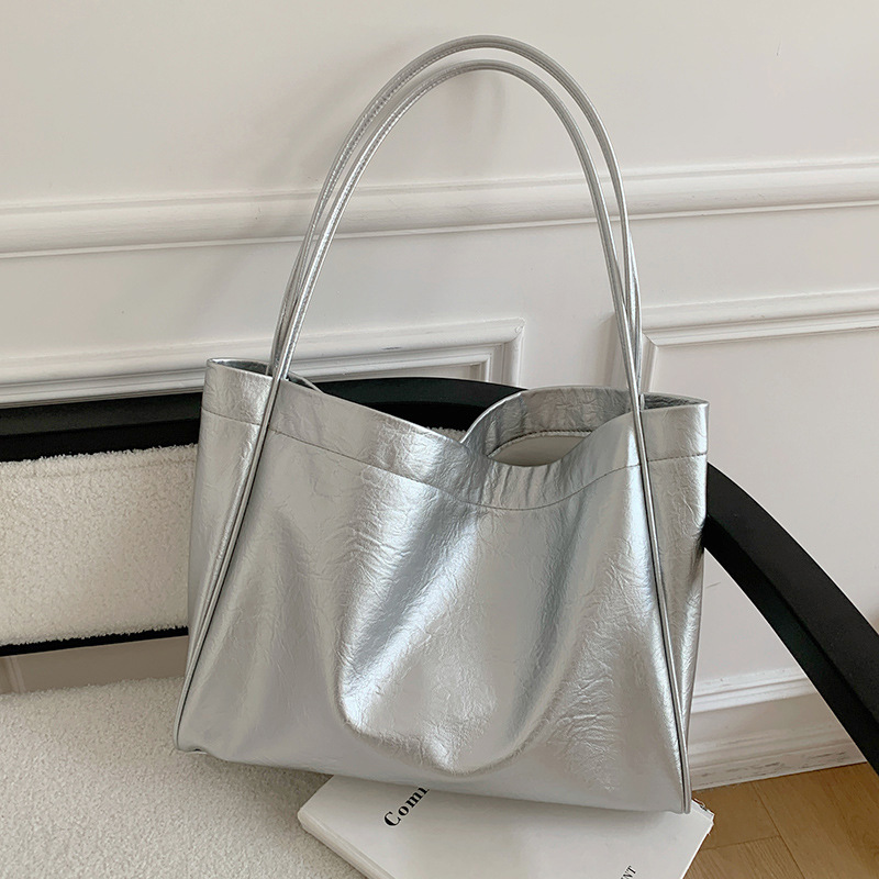 Women'S Tote Bags Designer - カジュアル大容量トートバッグ通勤デザイナー女性ショルダーバッグ高級ソフト Pu レザー女性財布とハンドバッグビッグシルバー