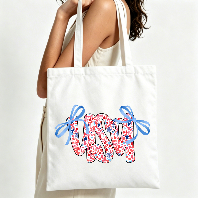 Women Bags Usa - アメリカ製のレタープリント入りキャンバストートバッグ、リボン付き。カジュアルな夏の外出や毎日のショッピングに最適です。