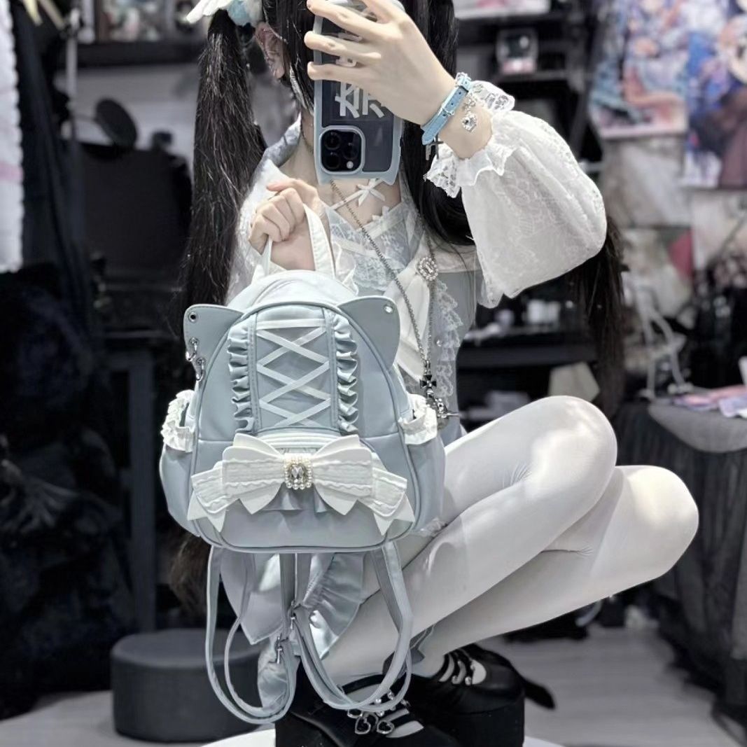 Women'S Japanese Bags - 猫耳付き日本風ジライ系ロリータリュック - レースとリボンが可愛い大容量学生バッグ カワイイゴシックスタイル