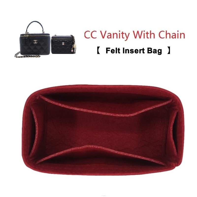 Women Vanity Bags - フェルトインサートバッグオーガナイザー CCバニティ用 チェーン付き 高級レディースメイクボックス コスメティックインナー収納バッグ ハンドバッグベースシェイパー