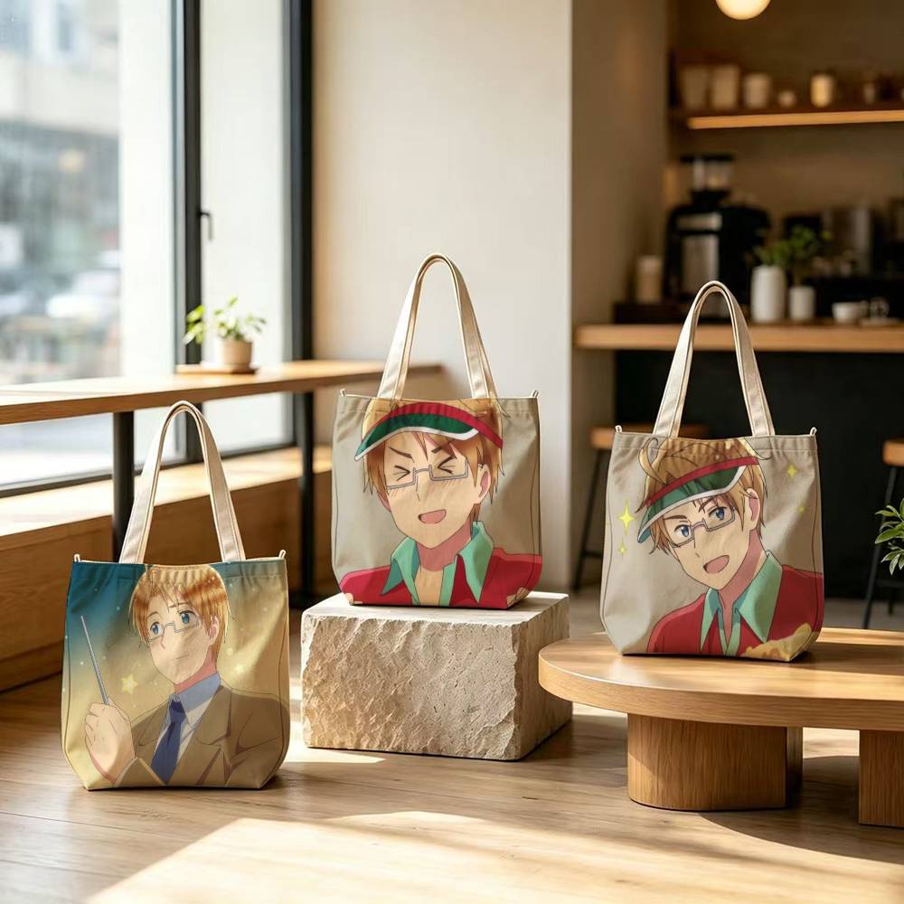 Women'S Jones Bags - アニメ「ヘタリア・ワールド・スターズ」アルフレッド・F・ジョーンズのデザインが施された、女性用トートバッグ。再利用可能なショッピングバッグで、ジッパー付きのショルダーバッグとしても使用可能。プリント柄。