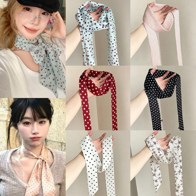 Women'S Retro Bags - 水玉模様の花柄プリントシルクスカーフ薄いネックスカーフヘアバンドバッグリボン女性のためのヴィンテージ日常着アクセサリー