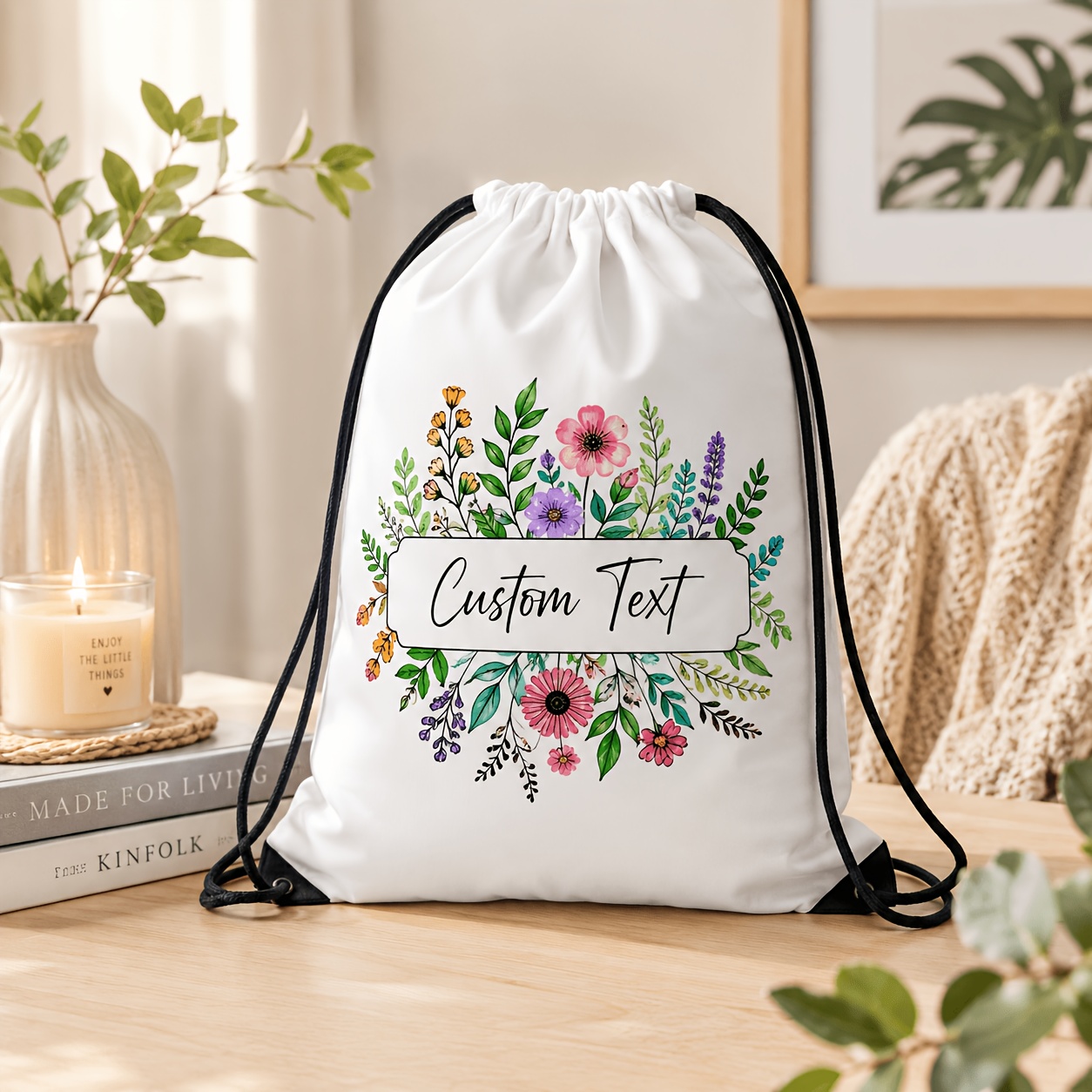 Women Bags For Eid - パーソナライズド巾着バッグ カスタムネーム 花柄バックパック 再利用可能なギフトバッグ パーティー記念品収納袋 女の子