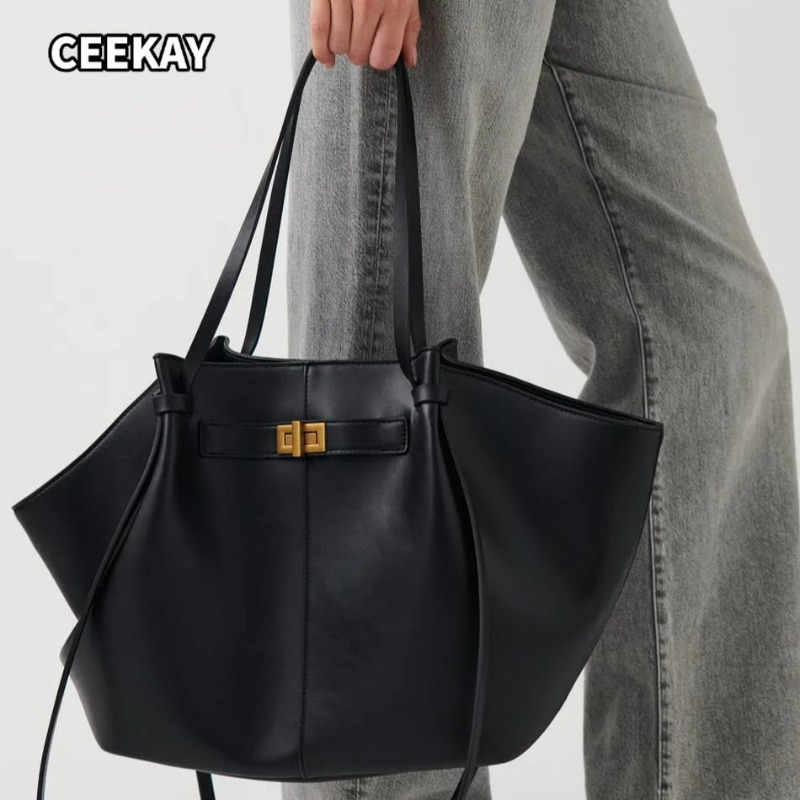 Women'S Tote Bags Designer - ファッション大容量台形女性ショルダーバッグデザイナーメタルロックハンドバッグ高品質 Pu レザービッグトート通勤バッグ