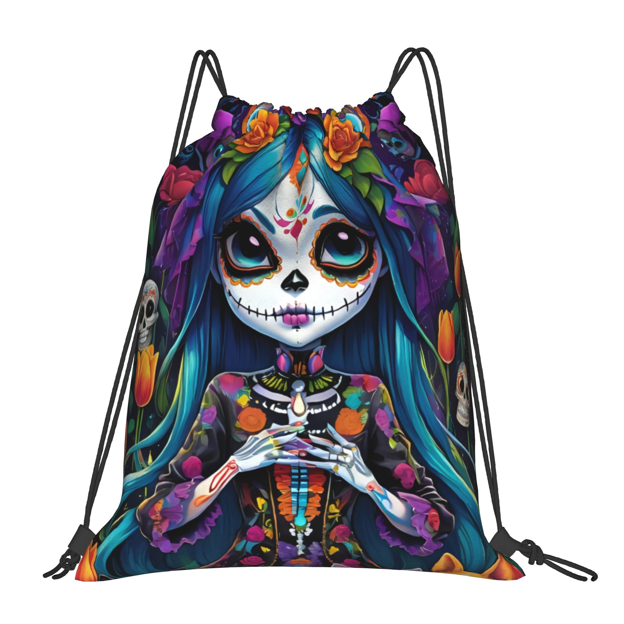 Women'S Yoga Bags - カスタムデイ・オブ・ザ・デッドギフト スケルトンガール ハロウィン巾着バッグ ショッピング、ヨガ、バックパック、男性、女性、スポーツジム用サックパック