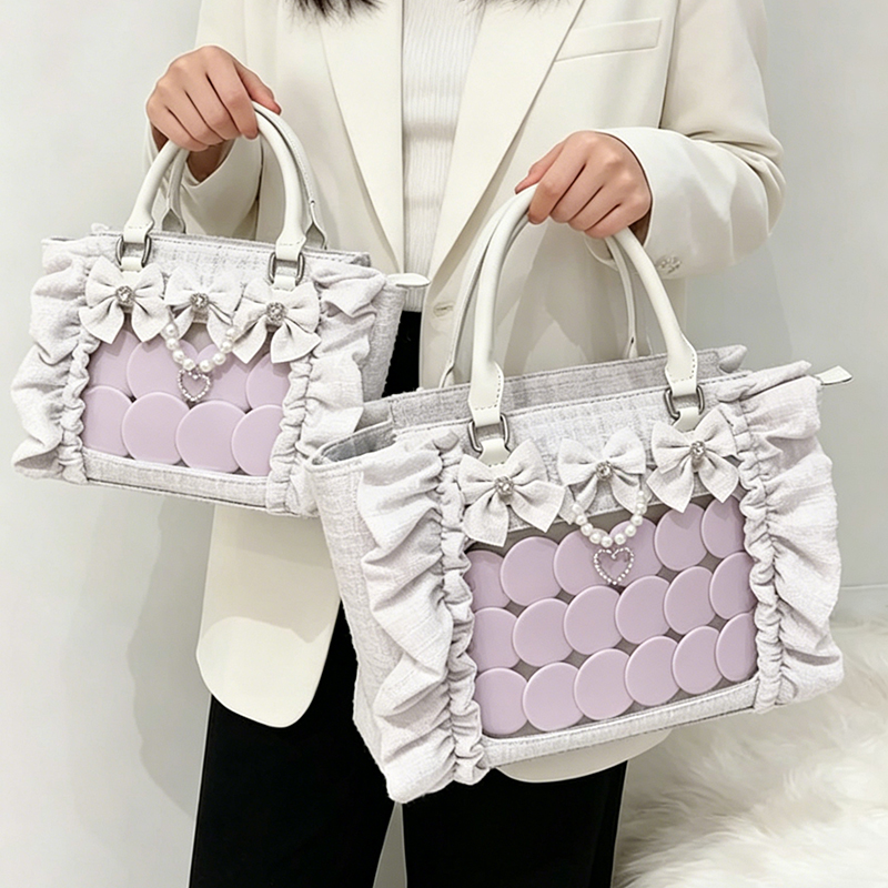 Women'S Japanese Bags - 日本製フリルリボンビーズイタバッグカレッジスタイルJKガールズ大容量トートバッグ甘い絶妙な透明ウィンドウハンドバッグ