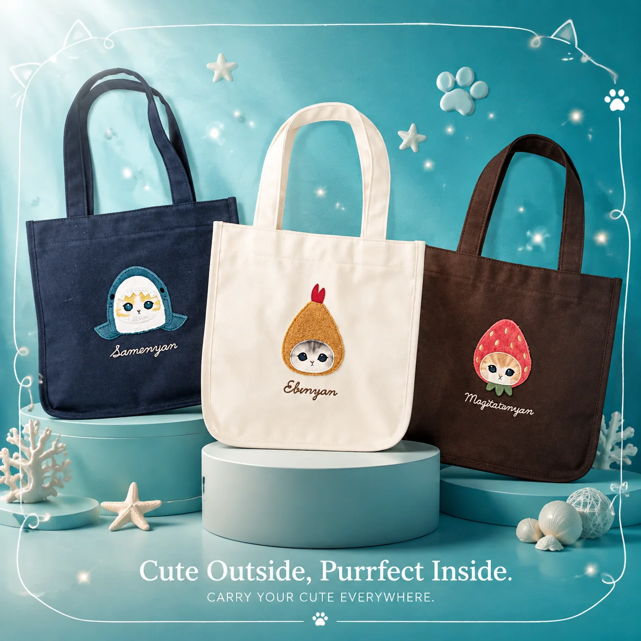 Women'S Japanese Bags - 日本のモフサンド風のかわいいサメ猫の漫画柄手作りキャンバスショルダートートバッグ、女性・女の子向けのかわいいハンドバッグ