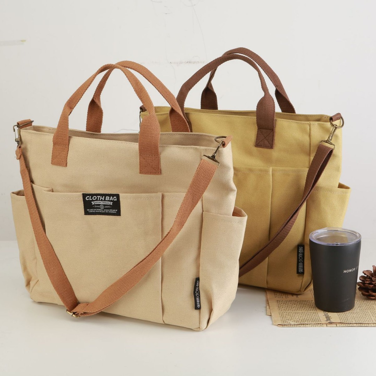 Women'S Japanese Bags - キャンバストートバッグ、厚みのある多ポケットハンドバッグ、和風カジュアル学生用コンピューターハンドヘルドトートショルダーメッセンジャーバッグ