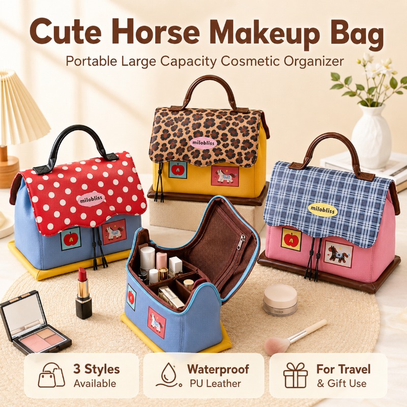 かわいい馬の化粧バッグ防水レザーポータブル化粧品オーガナイザ - Women Vanity Bags のレビューと価格