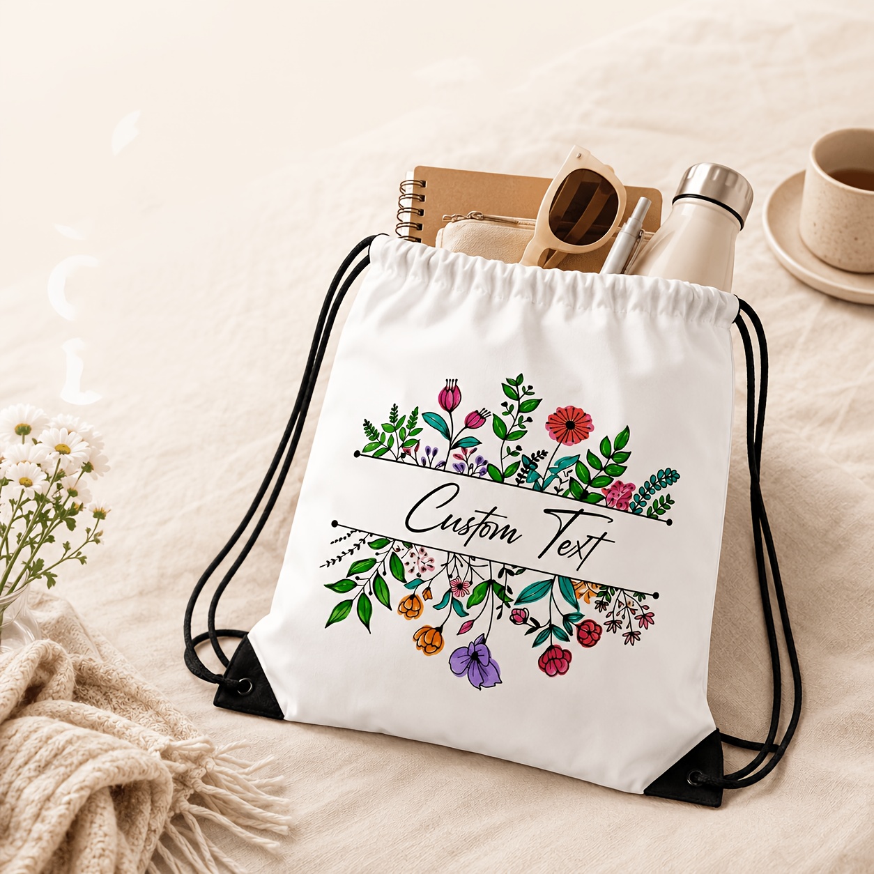 パーソナライズド巾着バッグ カスタムネーム 花柄バックパック - Women Bags For Eid のレビューと価格