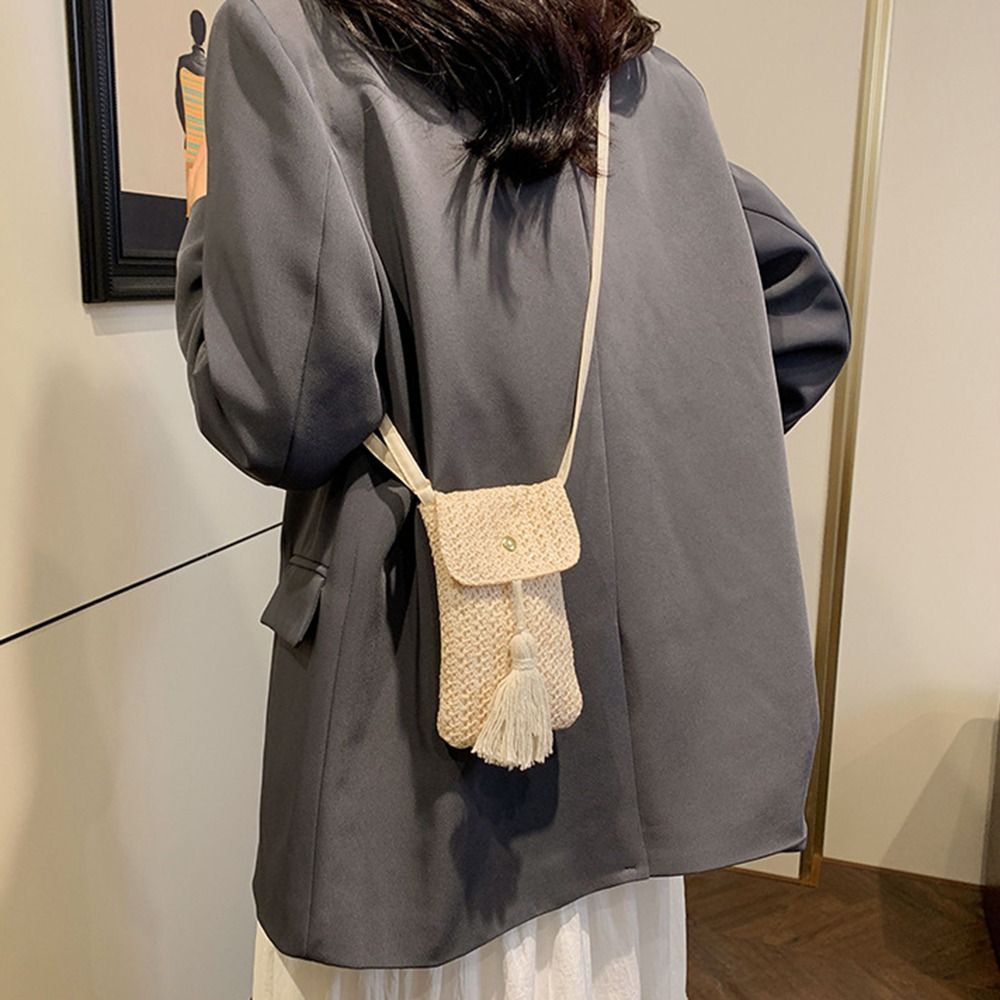 ポータブル織りわら編みハンドバッグロングタッセル手作り女性電 - Women Bags Designer のレビューと価格